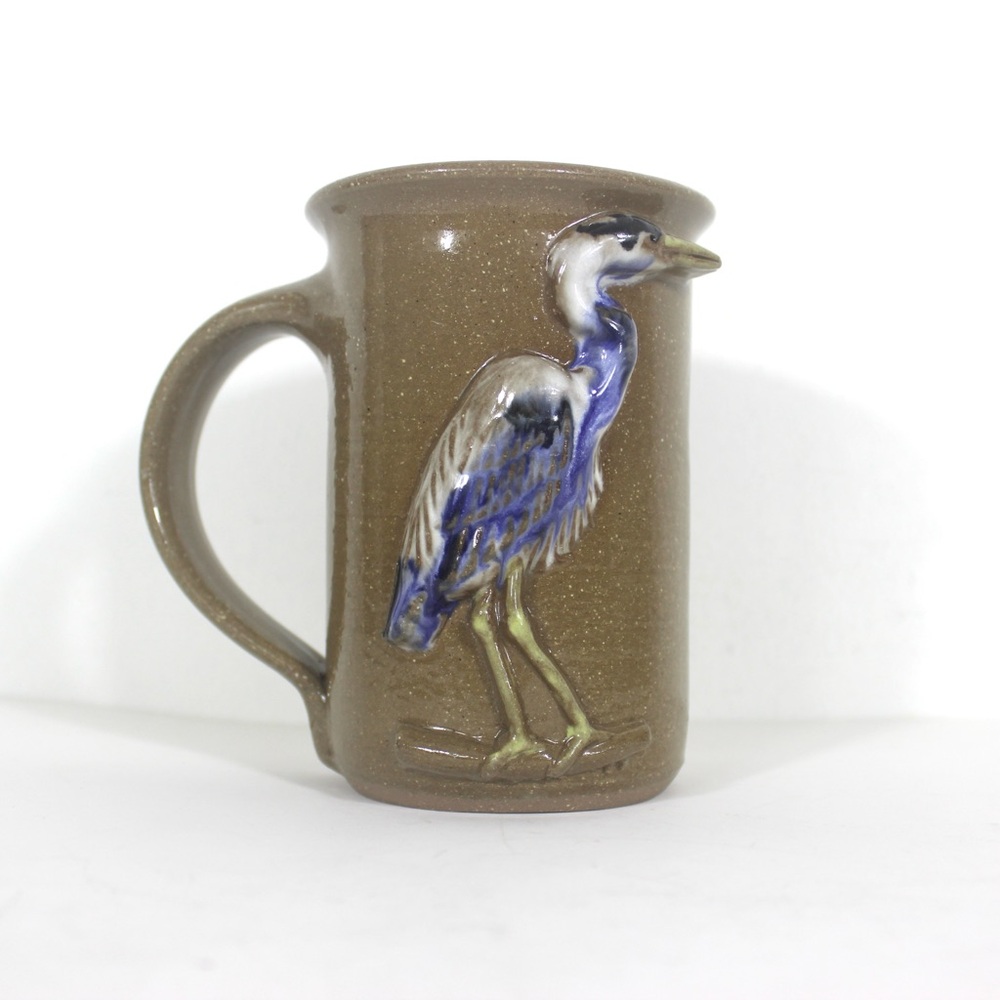 Vintage Signed Great Blue Heron Studio Pottery Mug with Bird Stoneware Handmade